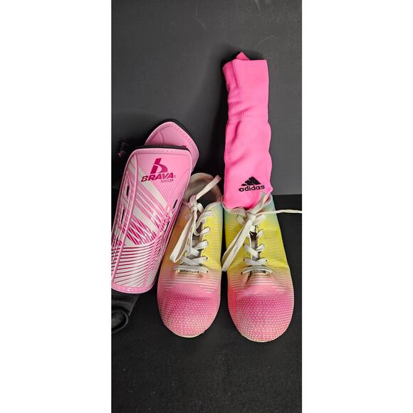 Brava Soccer Cleats Girls Size 3.5D Shin Guards Pink Addias Socks - Picture 1 of 7